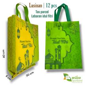 1 Lusinan isi 12 pcs Tas Kain Spunbond Goodie Bag Lebaran Idul Fitri 2025 Ukuran Besar Jumbo / anak kecil Untuk Kantong Bingkisan Souvenir Toples Kue kering Parcel Sembako Parsel Hampers Suvenir THR Motif Kustom Sablon