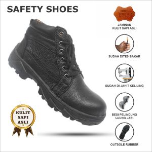 Kulit Sapi Aseli - Sepatu Safety Pria Boots kINGS . Ujung Besi Outdoor Tracking Touring Hiking Warna Hitam BONUS KAOS KAKI