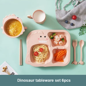 6pcs per set Wheat Straw Baby Dinosaur Bowls Set Tableware Dinner Plate Grid Cartoon Feeding Dish for Kids Dinner