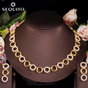 SEQUITO Bộ Trang Sức Đá Cubic Zirconia Hợp Thời Trang Hot Nhất Cho Nữ Bộ Vòng Cổ Và Bông Tai Hạt Charm Tròn Rỗng Đơn Giản Phụ Kiện Thời Trang SJ170