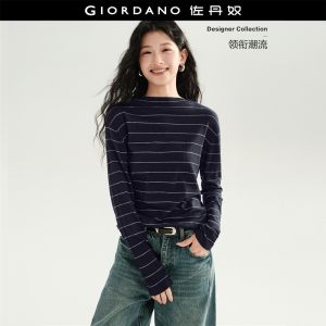 Giordano Women Striped mock neck sweater Free Shipping 18356919