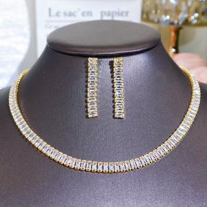 SEQUITO Luxury Modern Brides Clothing Accessories Yellow Gold Plated Pave Setting Baguette Cut AAAAA Zirconia Wedding Party Jewelry Set SJ403