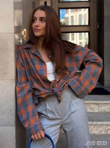 Vintage Plaid Blouse Women Spring Summer Korean Pocket Long Sleeve Lapel Shirt Fashion Streetwear Y2K Clothes 2026 Oversize Tops2026