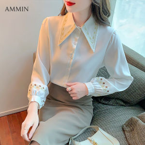 AMMIN Korean Style Embroidered Flower Square Neck Commuter Chiffon Shirt Womens Spring 2022 New Personalized Embroidered Stitching Long Sleeve Elegant Blouse female ins tops