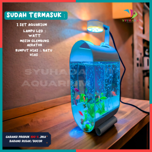 [COD] 1 Set lengkap Aquarium Mini /Akuarium ikan cupang ikan hias Plus Pompa Aerator glembung batu bunga dan Lampu Led 5 watt(C02)