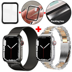 strap+Case for Apple Watch Series 7 6 5 se 4 3 2 1 Stainless Steel strap With Screen protector film 45mm 41mm 44mm 42mm 40mm