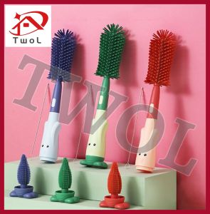 TWOL 3 in 1 Baby Milk Bottle Brush Cleaner Straw Brush Pacifier Brush Silicone Brush Set 360° Non-Scratch