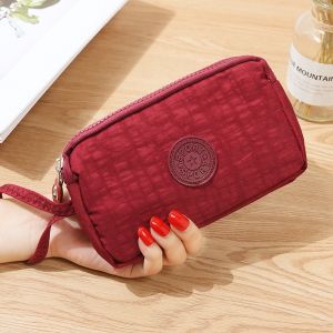 COLOO Retro Portable Coin Purse Solid Color Cosmetic Bags Fabric Phone Purse Korean Style Wallets Wrinkle Clutch Bag Women Wallets Three Zippers Bags