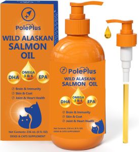 Poleplus Wild Alaskan Salmon Oil Omega-3 & 6 Supplement with EPA DHA for Dogs & Cats Supports Healthy Skin Shiny Coat Joint Mobility & Heart Health 236ml (8 fl oz)