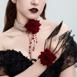 LIGHTER พู่ห้อยคอ สร้อยคอกุหลาบบาร็อค แหวนเล็บพร้อมสร้อยข้อมือ อุปกรณ์เครื่องประดับอัญมณี กำไลข้อมือเตียงเด็ก สร้างสรรค์และสร้างสรรค์ สไตล์เกาหลีแบบ สร้อยคอโซ่ไข่มุก ฮาโลวีน