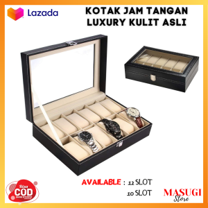Kotak Jam Tangan Perhiasan Mewah Kulit Asli Anti Air Isi 12, 10 & 6 Transparan LISM/ Watch Display Case With Luxury Material Organizer