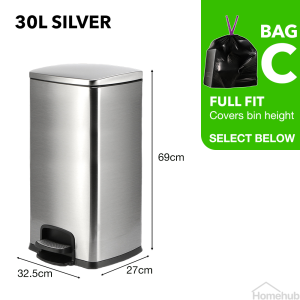 Homehub Lior Stainless Steel Dustbin Pedal Trash Rubbish Bin With Lid Black Metal Kitchen Large 20L 30L