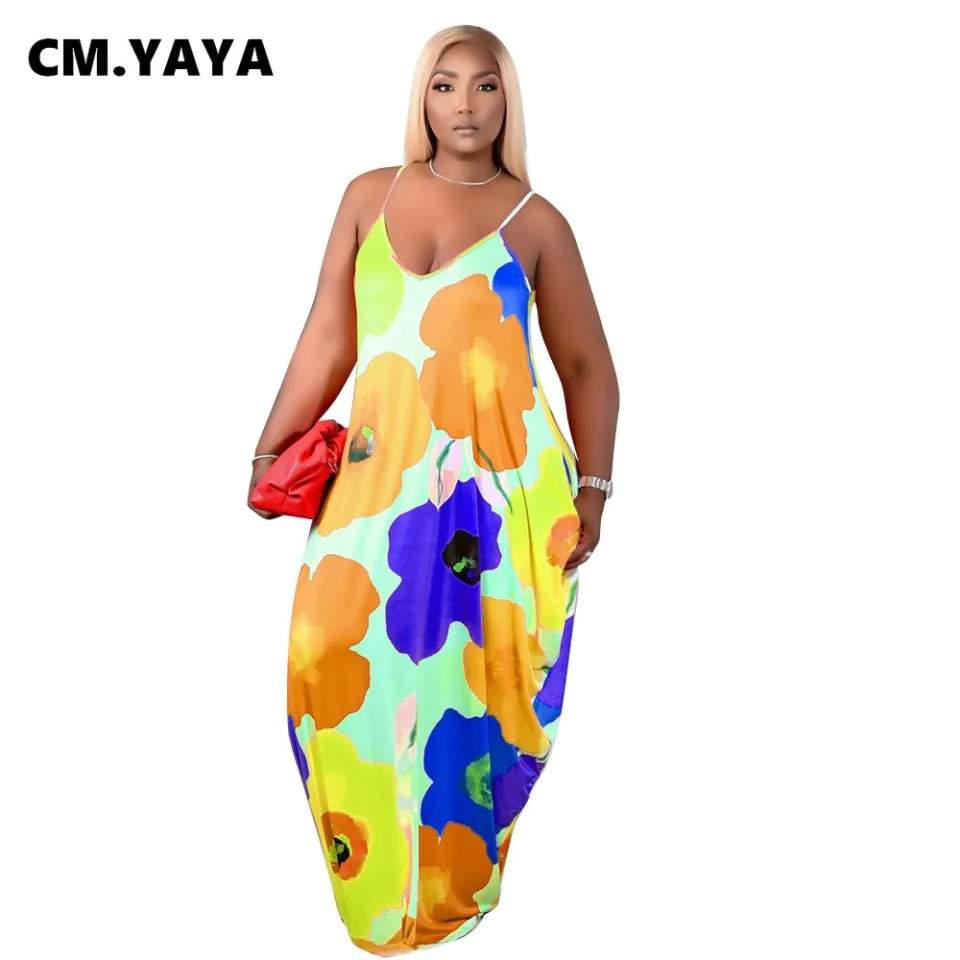 CM.YAYA Women Plus Size Dress Print Sleeveless Strap V-neck Loose Long Maxi  Dress with Pockets Fashion Vestidos Summer Outfits
