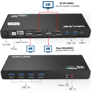 Wavlink USB C 5K Laptop Universal Docking Station Ultra HD Multiple Display Dock with 2 HDMI and DisplayPort Gigabit Ethernet Type C 6 USB 3.0 Audio Mic Us power adapter
