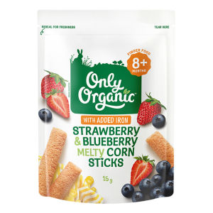 Only Organic ข้าวโพดแท่งรสสตอรอเบอร์รี่และบลูเบอร์รี่ Finger Food Strawberry & Blueberry Melty Corn Sticks