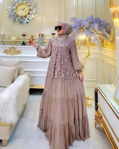 E&M Dress wanita terbaru kondangan 2024 Delisaa dress gamis wanita viral mewah elegan gamis shimer silk premium