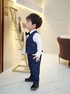 Bộ vest dạ bé trai cao cấp cho bé đi dự tiệc gồm 4 chi tiết (áo vest + quần tây + nơ + hoa) TQB154 TQB155