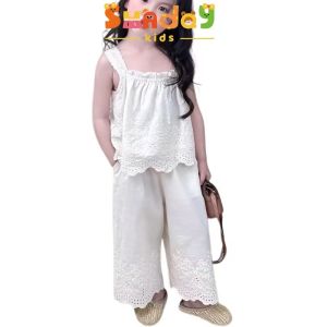 Kids Girls Lace Embroidery 2-Piece Outfit Vintage White Camisole & Pants Casual Sleeveless Set