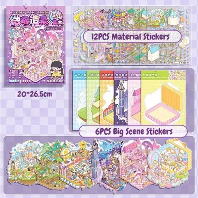 Landscape Sticker Book Set 3D Mini Cartoon DIY Scenery Sticker Book Pocket Stickers Birthday Gift