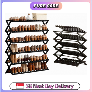 【Pure Care】 Minimalist Bamboo Shoe Rack Installation Free Collapsible Shoe Organiser Foldable