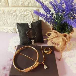 Set Paket Jam Tangan Rantai Fashion Wanita Paket Jam Kalung Cincin Gelang Titanium Lapis Emas