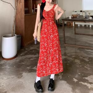 Yoohui QZ221 Long Dress Daster Kekinian Dress Kerut Bali Panjang DressTali Wanita / Dress Tanktop Panjang Semata Kaki Babydoll Panjang / Dress Panjang Kerut Rok Panjang Merah Segar Musim Panas/Gaun Panjang Tanpa Lengan Bergaya Liburan