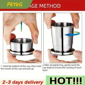 PkYeG 250ml Stainless Steel Folding Cup Outdoor Travel Camping Portable Collapsible Water Cups With Keychain Retractable Teacups