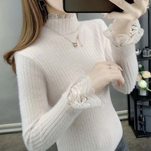 Áo Len Nữ Quảng Châu Đẹp Tay Dài Cổ Lọ Cao Phối Ren Cho Mùa Đông Hot Hit