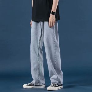 MARK BELT Mens Korean Fashoins Harem Blue Loose Fit Jeans Mens Hiphop Vintage Straight Pants Haraju Jeans Baggy Denim