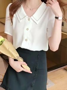 Blusas Blouses Femme Tops Women Turn-Down Collar Blouse Women Summer White Blouse Short Sleeve Chiffon Blouse Formal Shirt