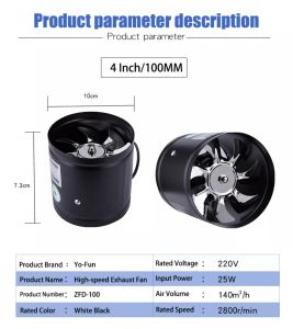 4/6 Inch Inline Exhaust Fan Air Ventilator Metal Ventilation Exhaust Fan Mini Extractor Bathroom Toilet Wall Fan Duct Fan Accessories 220V