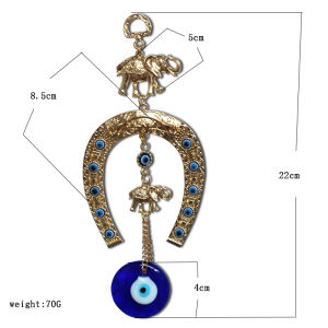 MLADEN Blue Glass Eye Amulet Horseshoe with Elephant Ribbon Ethnic Wall Hanging Lucky Pendants Wind Chimes Home Car Decoration