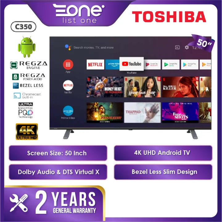 Toshiba 50 Inch 4K UHD Android TV 50C350KP | Bezel Less Design | Google Play Store | Dolby Audio | C350 Series Toshiba TV Malaysia 50C350 Smart TV Toshiba