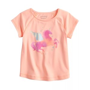 Áo thun bé gái 3-5 tuổi 14-19kgkg J.Beans VNXK chất thun thể thao co giãn 4 chiều thun poly mềm mịn mát. Màu cam đào peach hình kỳ lân pony