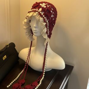 NAJIA Pearl Tassels Crochet Flower Knitted Hat Hollow Out Bohemian Style Lace Beanies Sweet Korean Weave Cap Apparel Accessories