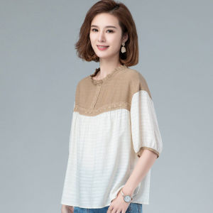 QKKshop 🌟เสื้อแฟชั่นผู้หญิงคอจีน แต่งลายลูกไม้เล็กๆ สลับสีตัดกับสีขาว มีให้เลือก 2 สี 🌈ดูเรียบๆสุภาพใส่เข้ากับทุกวัย 🍭 🛒