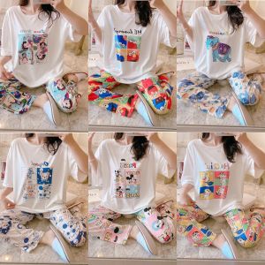 ชุดนอนลายกาตูน ชุดนอนพิมพ์ลายการ์ตูน เสื้อยืดคอกลม+กางเกง