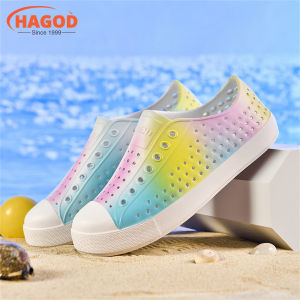 HAGOD Perforated Elegant Floral Print PU Leather Slip-On Flat Sandals Shoes for Women