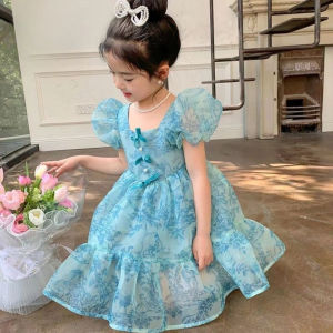Kids Girls Dress 2025 Summer New Style Children Zebra Blue Puff Sleeve Princess Birthday Dresses For Casual Outfits wear 3-12 Years Old