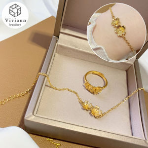 Viviann Original Peach Bracelet Ring Jewelry Set 14k Gold Plated Ring for Bridal Wedding Jewelry Valentines Day Gift for Women Gold Opening Rings For Woman 14k Real Gold Plated Bracelates for Woman