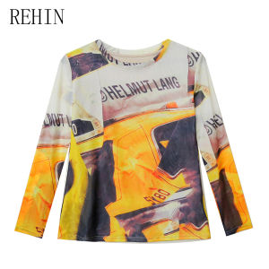 REHIN Round Collar Long-Sleeve Mesh Unique Printed T-Shirt - Elegant & Comfortable Fall/Winter Womens Top