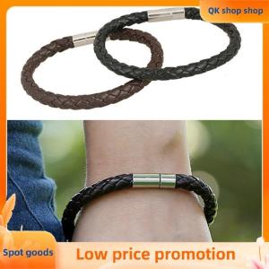 ✨QK shop✨ Women Men Black Leather Charm Wristband Stainless Steel Magnetic Clasp Bracelet