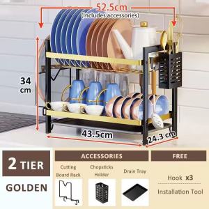 3-Tier Dish Rack Drainer Drying Kitchen Countertop Plate Organizer Storage Shelf with Cover Dust-proof Insect-proof Dish Drainer Shelves Countertop Plate Cups Organizer Kitchenware Multipurpose Racks