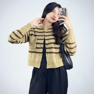 Ami Collection - Cardigan Pocket Salur Lengan Panjang / Cardigan Wanita Lengan Panjang / Cardigan Rajut / Cardigan Motif Salur