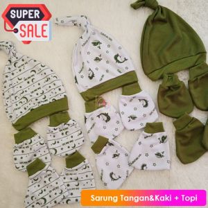 3 PCS 3 Set 3 In one Edisi Seri Hiijau Sarung Tangan Sarung Kaki Topi Bayi New boarn Karakter Lucu Terbaru