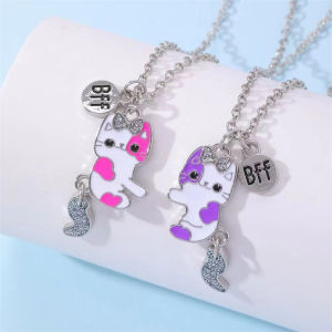 [haoh] 2Pcs set Cartoon Cat Shape Pendant Chain Best Friends Necklace BFF Friendship Childrens Jewelry Gift For Girls