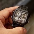Đồng hồ nam Casio AE 1200-WHD classic chống nước , dây thép không gỉ (dây bạc mặt đen).. 