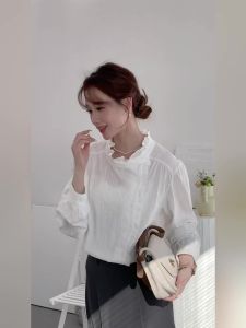 2025 Korean Style Spring and Autumn Fashion Ruffled Stand Collar Long Sleeve Shirt for Women New Unique Irregular Single-Breasted Simple White Commuting Elegant Blouse
