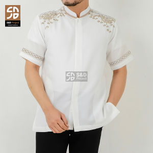 S&D PROJECT Baju Koko Muslim Seri 45 Bahan Polikatun Warna Putih Tulang Jumbo S-4XL Untuk Pria Dewasa Lengan Pendek Motif Bordir