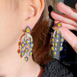 SEQUITO Dazzling Water Drop Yellow Blue Cubic Zirconia Stone Women Long Tassel Dangle Gold Plated Party Earrings for Annual Dinner SE596